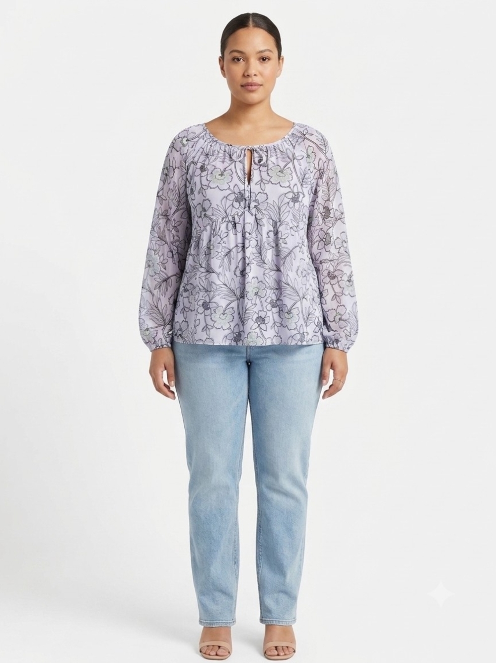 Vera Wang Lavender Floral Tie-Neck Blouse
